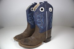 Old West Youth 3 D Western Boots Broad Square Toe Brown Blue Leather Cowboy