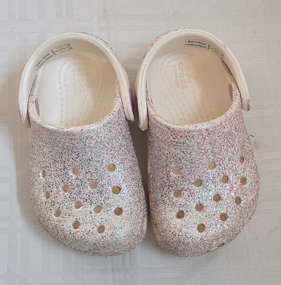 Crocs Classic Kids Glitter Speckled Clog Sandals White/Pink/Blue US C5 Strap