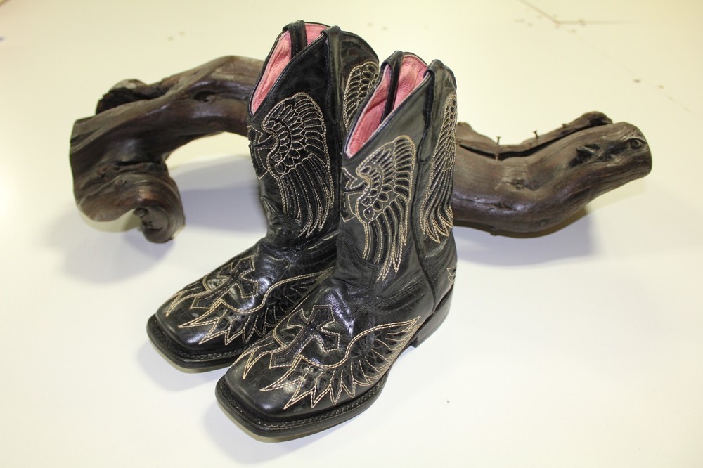Vaccari Black Leather Boots with Cross and Angel Wings Design Kid’s Size 13