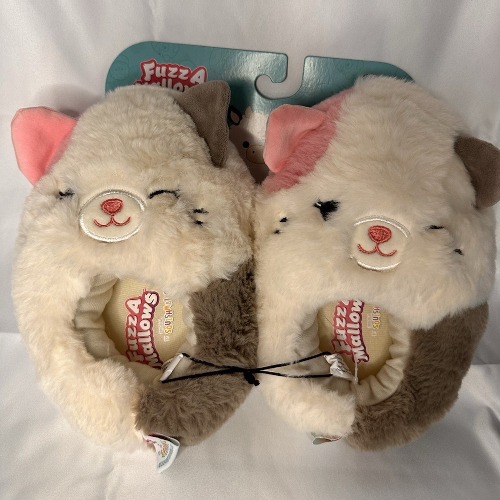 FuzzAMallows Squishmallows Cat Face Slip-On Slippers Faux Fur Kids 5-6