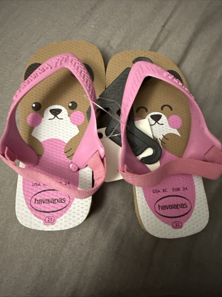 NWT HAVAIANAS FLIP FLOPS Pink & Brown Teddy BEAR Back Strap US 8 CHILD SANDALS