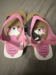 NWT HAVAIANAS FLIP FLOPS Pink & Brown Teddy BEAR Back Strap US 8 CHILD SANDALS