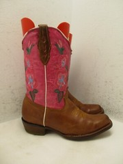 Kids Brown Pink Leather Square Toe Embroidered Cowboy Boots Size 21 MEX