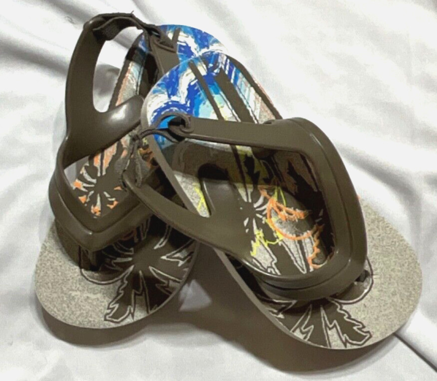 Kids Unisex Shower/Beach Sandals w/Elastic Back- Brown with Palm Tee & Sea Waves