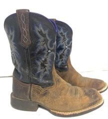 Ariat Brown & Blue Leather Square Toe Cowboy Boots Youth Size 12 Style 10012794