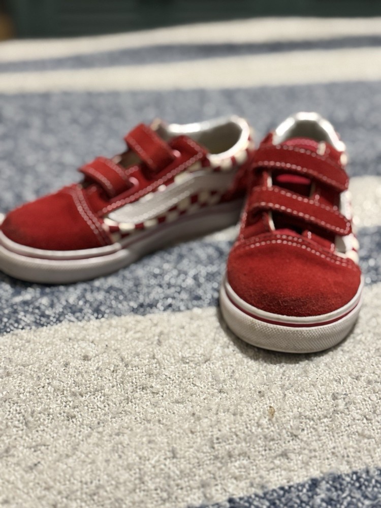 VANS Old Skool Kids Low Top Hook & Loop Checker Sneaker Red/White US 9