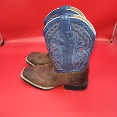 Ariat Brown Blue Leather Square Toe Cowboy Boots Size 2.5 Farmer Stylish Red