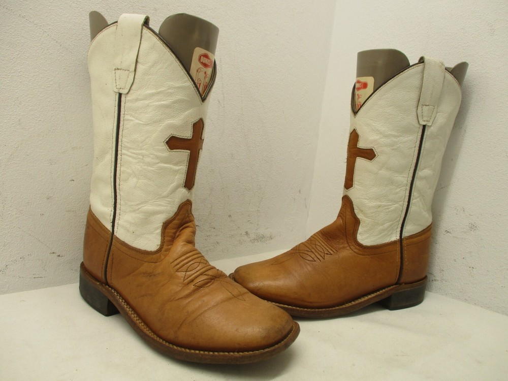 Old West Brown White Leather Cross Square Toe Cowboy Boots Size 2 Style BSC1841