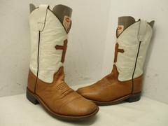 Old West Brown White Leather Cross Square Toe Cowboy Boots Size 2 Style BSC1841