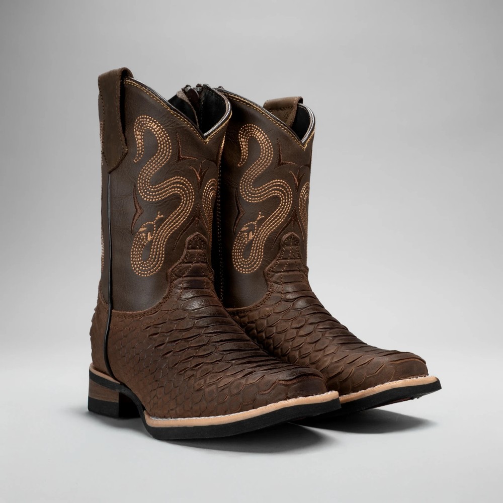 Kids Python Tribute Square Toe Cowboy Boots Brown Leather 6″ Shaft 1″ Heel