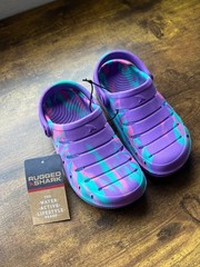 Rugged Shark Kid’s Crocs Clogs Water Slipper Purple Tiedye Shoes – Size 9