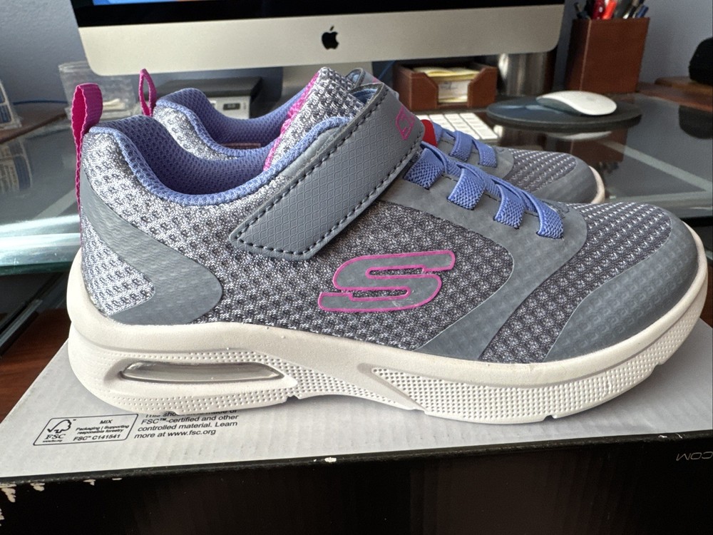 Skechers Girls Microspec Max-Racer Gal Wide Fit Grey/Blue Shoes (303543WL/GYBL)