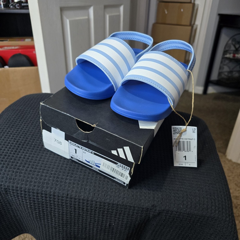 Adidas Adilette Estrap C Slides Size 1K, NIB, Blue And White $25