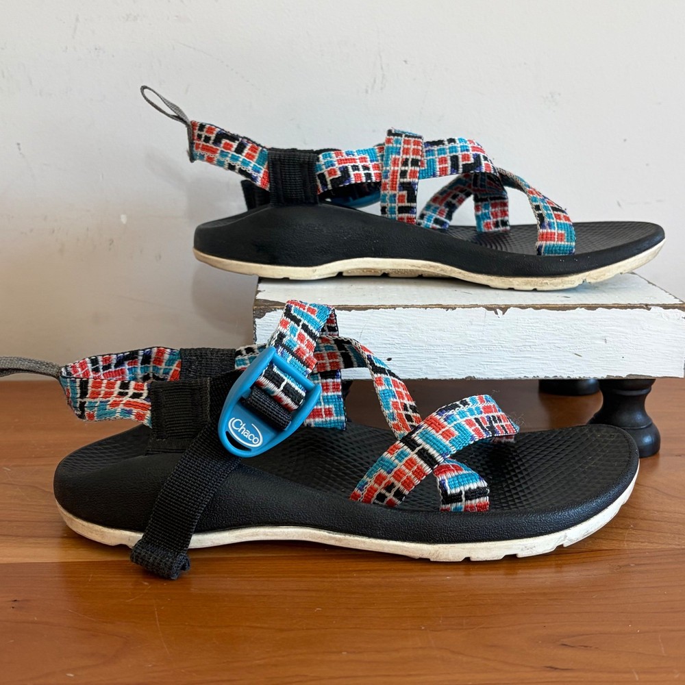 Chaco Z1 Ecotread Kids Sandals Size 4 Black Blue Red Geometric Strappy Hiking