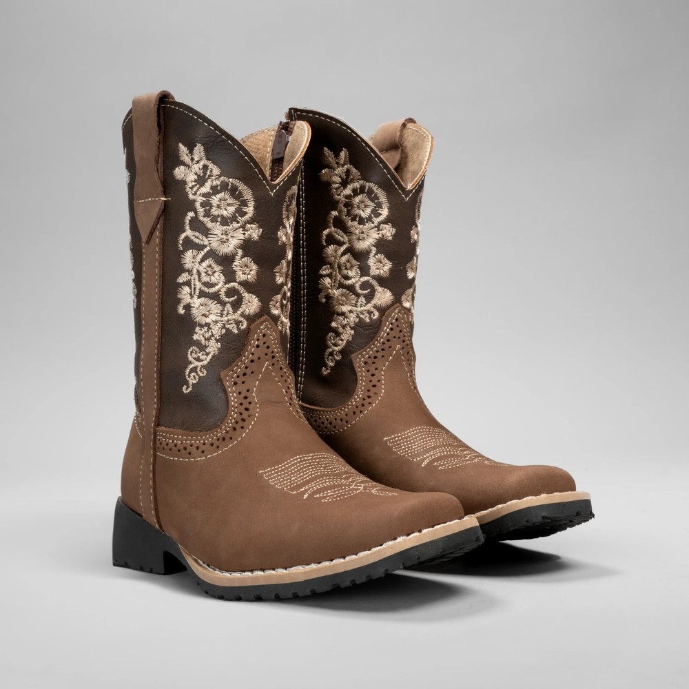 Kids Embroidered Square Toe Cowboy Boots Brown Leather 6″ Shaft 1″ Heel