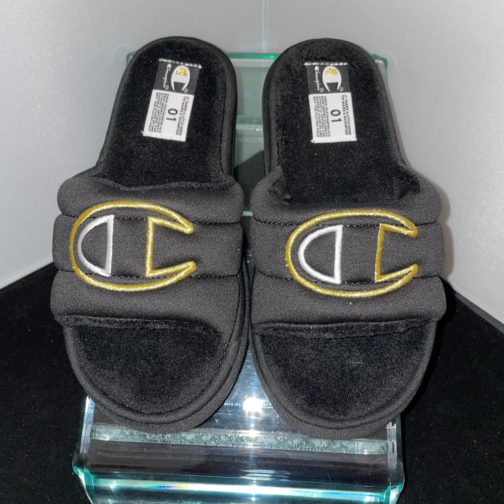 Champion Plush Core Slides Black White Gold CPS10477P Preschool (PS) NWOB