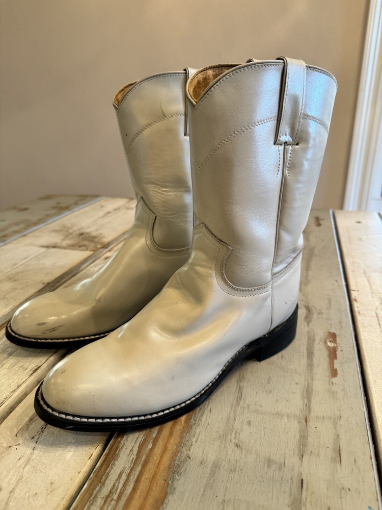 JUSTIN LEATHER COWBOY BOOTS JUNIOR SIZE 4 D, LIGHT PEARL COLOR #3713Y EUC