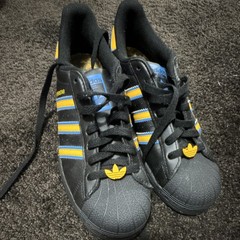 adidas Superstar Unisex Kids Black Yellow Blue Striped Lace Up Sneakers