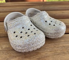 Crocs Classic Glitter Lined Clog Unisex Kids C8 White Slip-On Glitter