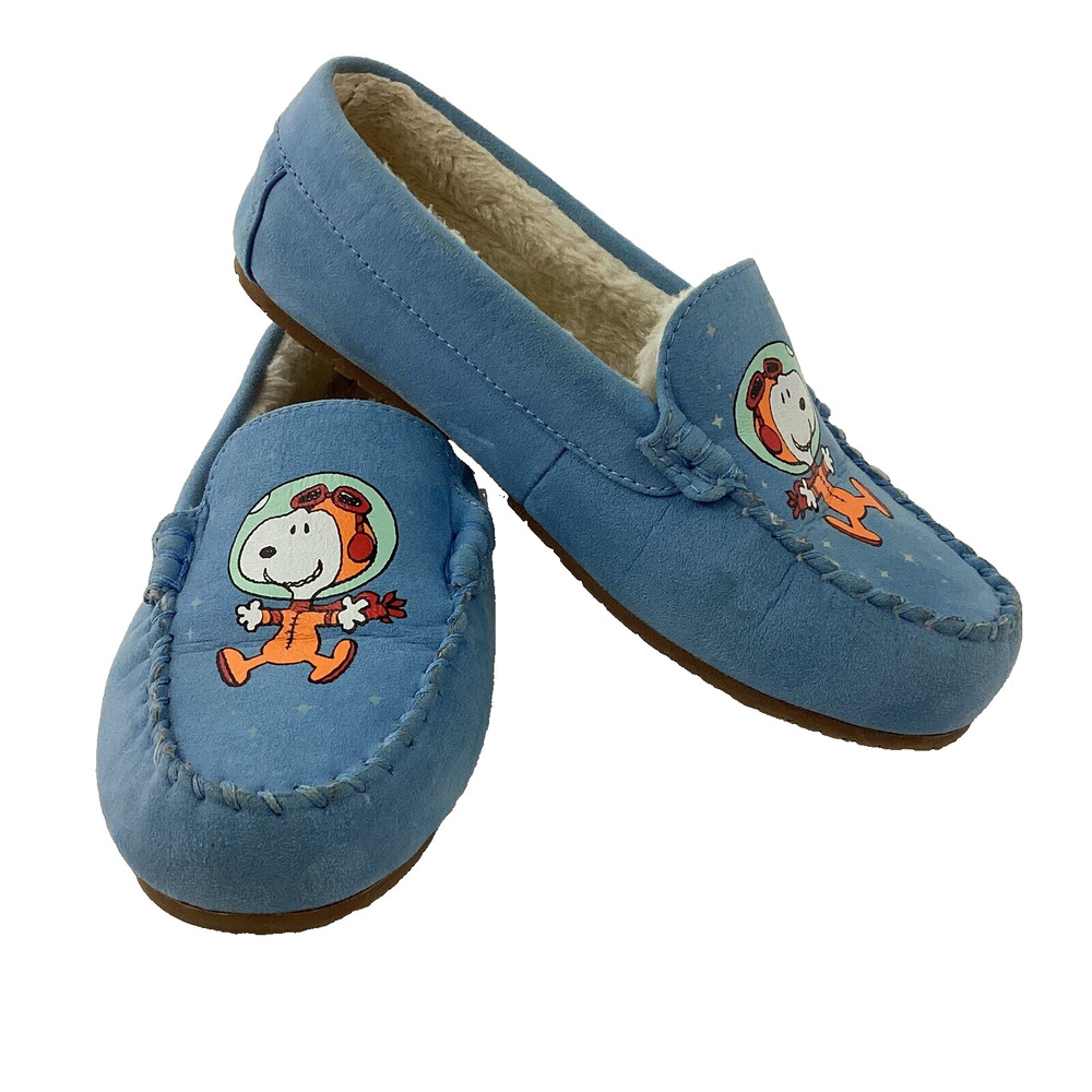 Lands End Slipper Youth Sz 5M Blue Peanuts Snoopy Woodstock Fur Glow In The Dark