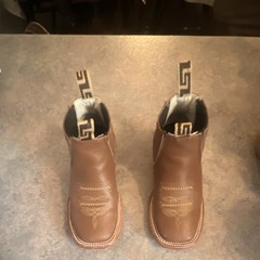 Brown Western Leather Pull On Boots Unisex Kids Embroidered Square Toe