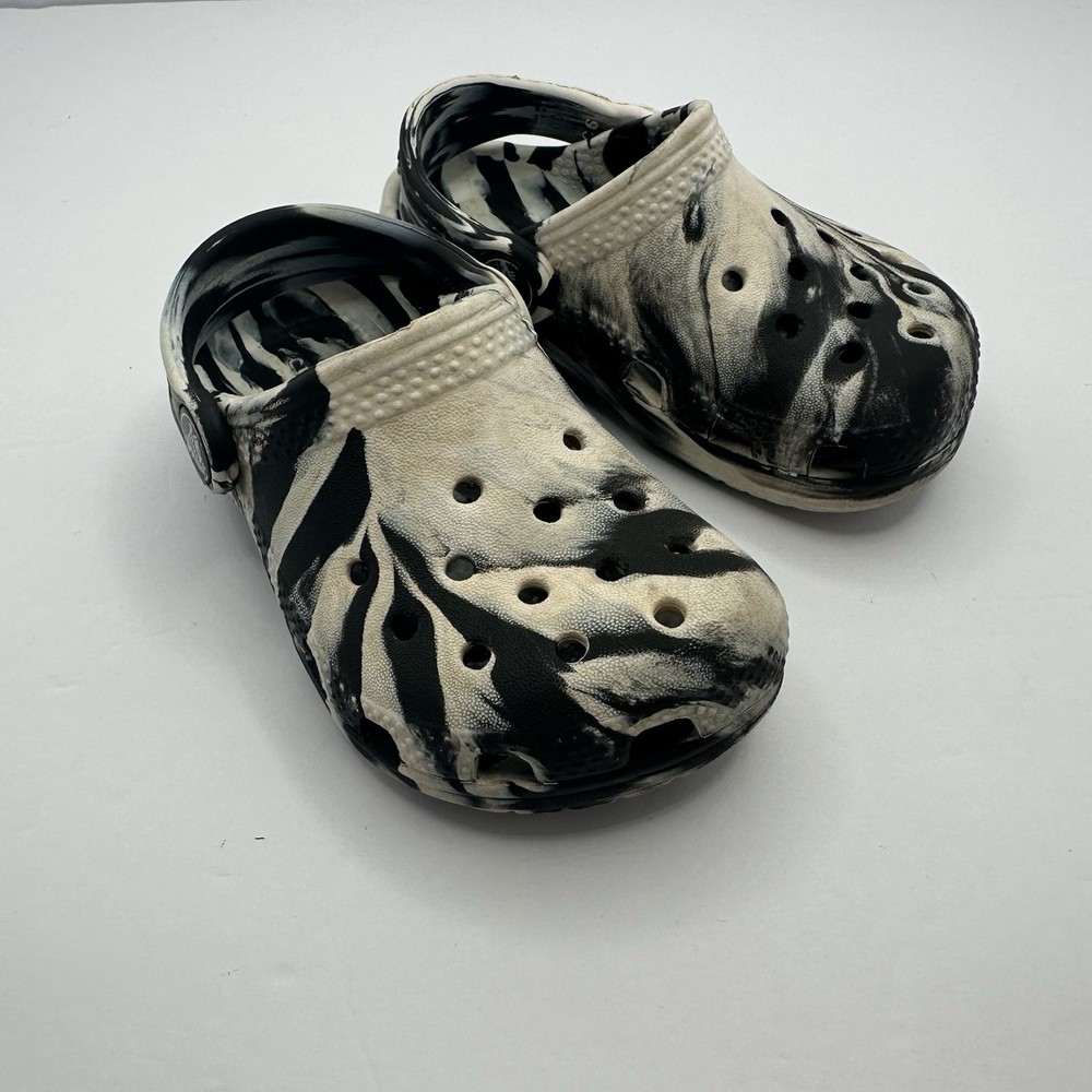 Crocs Kids Classic Marble Black & White Slip On Shoes Clogs • Toddler Size C6