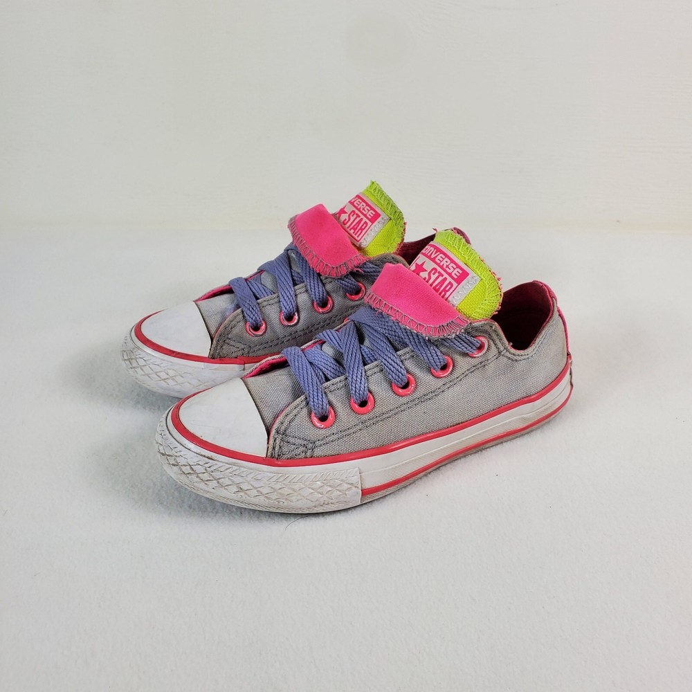 Converse All-Star Sneakers 640578F Double Tongue Grey Pink Neon Youth Kids Sz 12