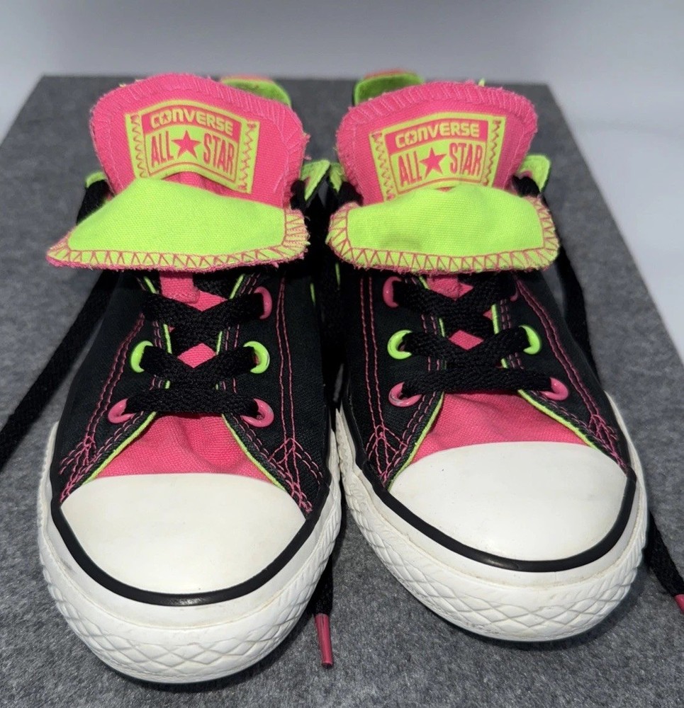 Converse All Star Youth Low Top Sneaker Sz 2 Neon Pink Green Black Double Tongue