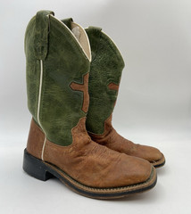 Old West Green / Brown Leather Western Cowboy Boots Youth Size 015 W/ Cross