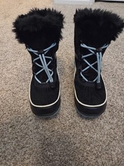 Sorel Unisex Kids Black Snow Boots Teal Laces Fur Trim Waterproof Winter