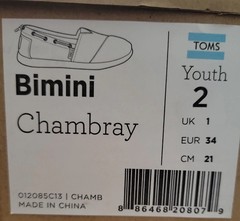 Toms Bimini Chambray Youth Size 2, Brand New in Box