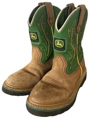 Boys John Deere JD2186 Leather Brown Green Western Boots Cowboy Youth Size 13.5M