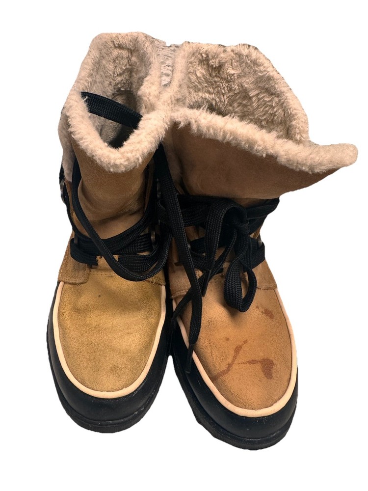 SOREL NL3425-373 Tan/Black Suede Waterproof Lace-Up Faux Fur Snow Boots 9