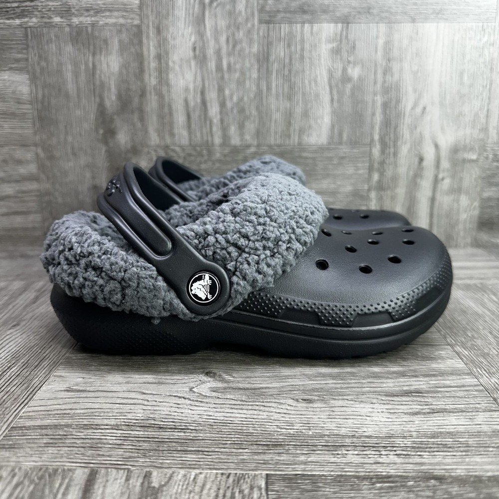 Crocs Classic Lined Clogs Kids J12 Black Grey Sherpa Fleece Warm NEW
