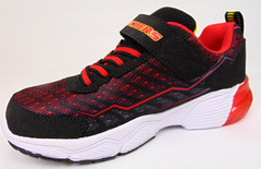 NEW! SKECHERS Kids Hook & Loop Low Top Athletic Sneakers, Size 1.0 K, Black Red