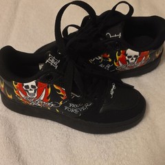 Ed Hardy Youth/Kids Shoes Black Leather Flaming Skull Free Forever Sz 2,4,5,6