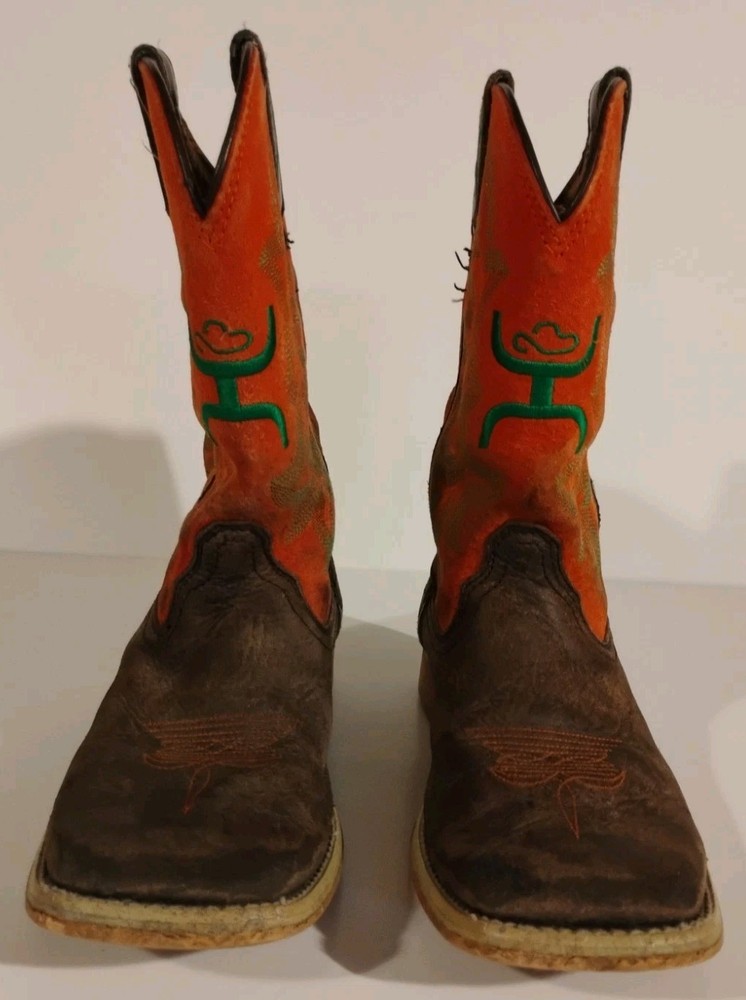 Twisted X Hooey Cowboy Boots Youth 1M Leather Brown Orange Western