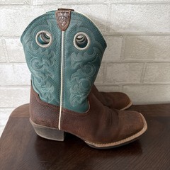 Ariat Crossfire Unisex Youth Size 2.5 Teal Blue Brown Cowboy Boots EUC