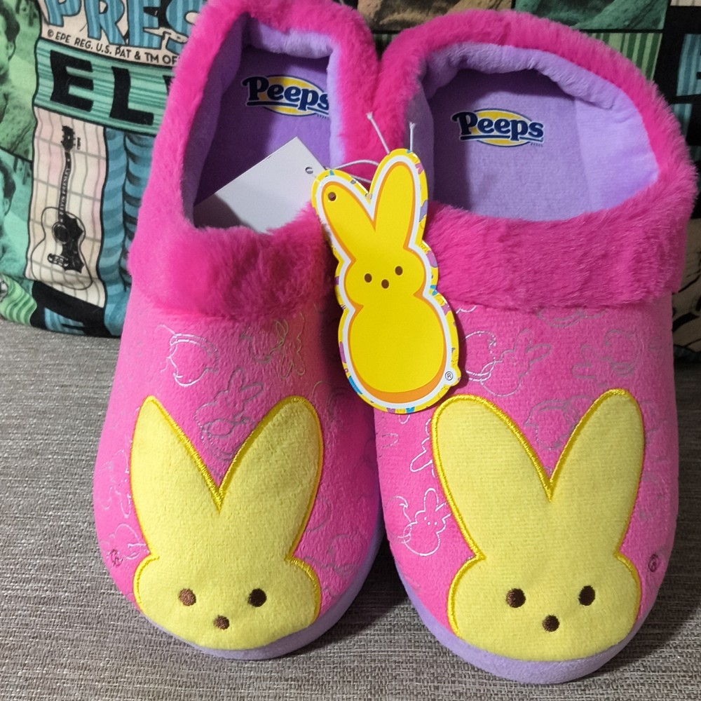 Peeps Pink Bunny Slippers Unisex Kids US 7/8 Fleece Comfort Slip-On
