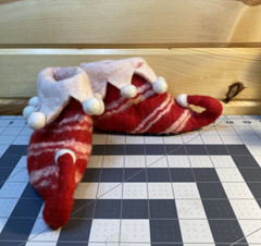 Red Pink & White striped Handmade Felted Wool Toddler’s Elf slippers 5” Sole