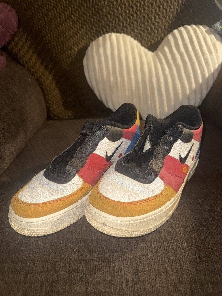 Black, Red, Yellow, Blue Nike Air Force 1’s. Youth Size 6. Missing Laces.