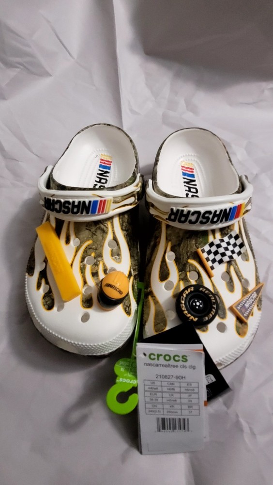 Crocs NASCAR Realtree Clogs White size Camouflage Flames Checkered Flag Size 8