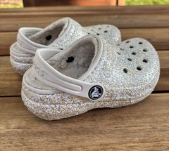 Crocs Classic Glitter Lined Clog Unisex Kids C8 White Slip-On Glitter