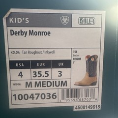 Ariat Derby Monroe Kid’s Size 4 M Tan Roughout / Inkwell Cowboy Boots 10047036