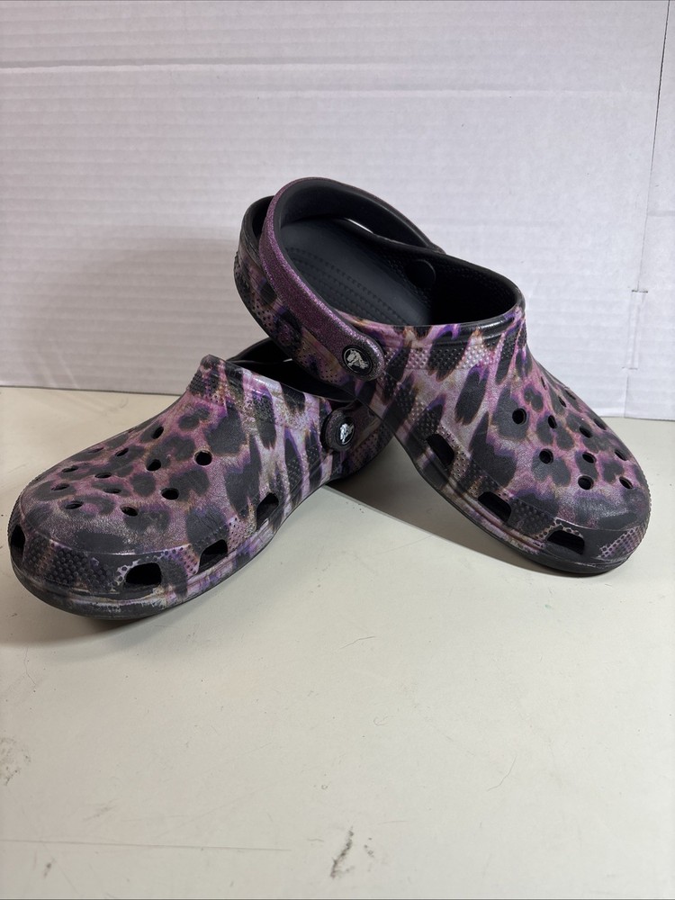 Crocs Classic Clog Kids Size J6 Purple Black Leopard Glitter Animal Print Shoes
