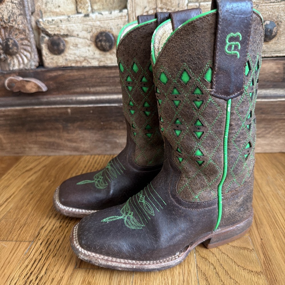 Anderson Bean Youth Brown Green Square Toe Cowboy Western Boots Sz 9 Stars