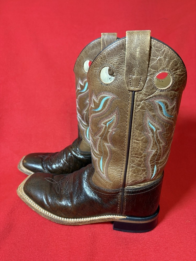 Old West Youth 6D Brown Leather Square Toe Cowboy Boots Blue Stitching