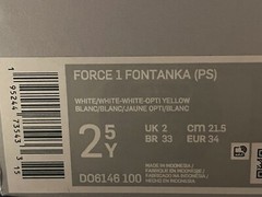 NIKE FORCE 1 FONTANKA (PS) WHITE-OPTI YELLOW SZ 2.5youth DO6146-100