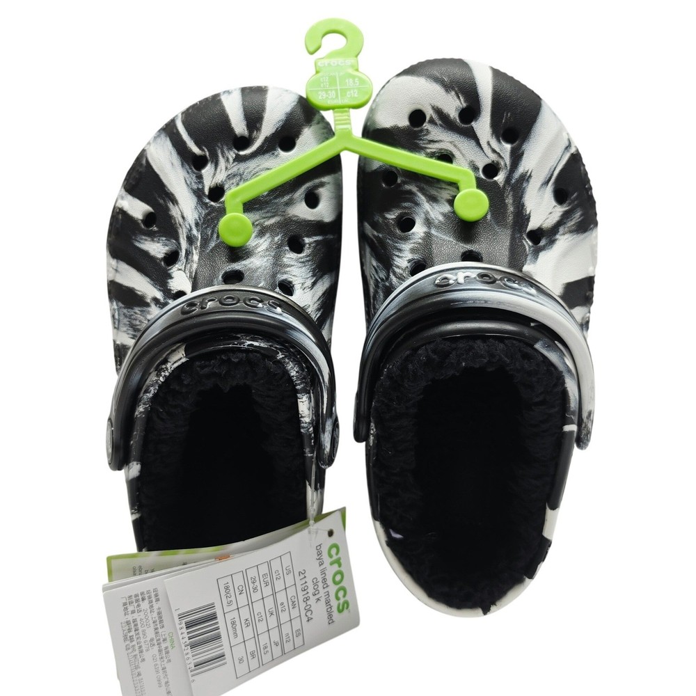 Crocs Baya Lined Marbled Clog Kids Size 12 Black White New Fuzzy Warm Slip On