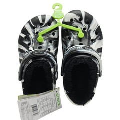Crocs Baya Lined Marbled Clog Kids Size 12 Black White New Fuzzy Warm Slip On